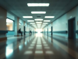 Obraz premium Blurred Perspective Of A Long, Empty Hospital Corridor With Fluorescent Lights And Reflections On The Polished Floor, Leading To A Bright Exit, Healthcare Facility, Medical Passageway