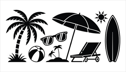 Beach Vacation Icons with Palm Tree, Umbrella, Surfboard, and Sunglasses © Creative Tania