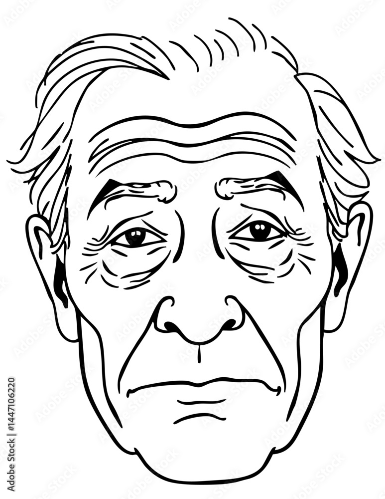 Poster elderly character portrait continuous line drawing. expressive stylized outline capturing wisdom and
