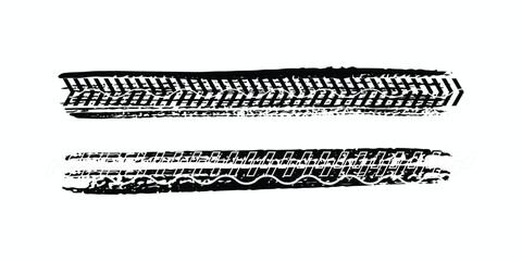 Collection of black motorcycle tire tread prints with grunge effect isolated on white background. Bicycle or car wheel tracks with seamless texture. Vector brush