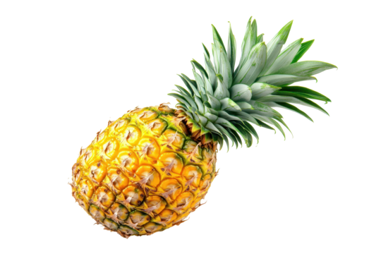 Vividly colored, whole pineapple with a sharp focus on its yellow scales and vibrant green crown.  A slightly distorted background creates a unique visual impact.