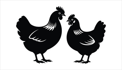 Black Chicken Silhouette Illustration, Pair of Rooster and Hen, Farm Animal Vector