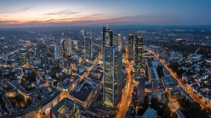Obraz premium Aerial High Resolution Dusk Panorama of Frankfurt City Skyline