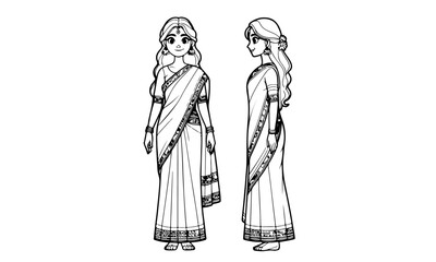 Indian mom Woman Girl character model sheet front to back all view
