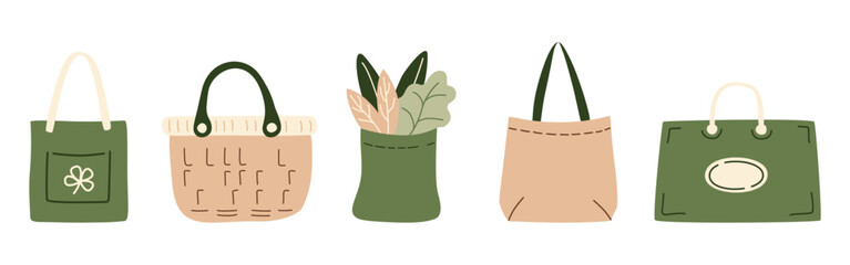 Paper shopping bags filled with grocery products from a supermarket or farmer market, zero-waste textile packaging, vegetables, and greens for eco-friendly design. Vector illustration in organic flat