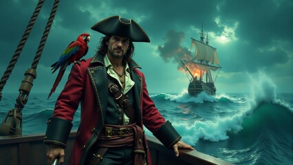 Obraz premium Pirate Captain On Deck During Storm