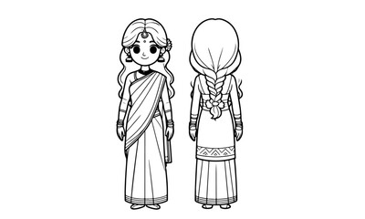 Indian mom Woman Girl character model sheet front to back all view 