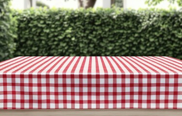 Red and white checkered tablecloth on a wooden table outdoors