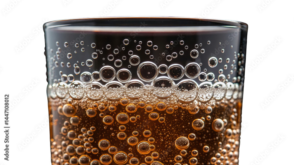 Poster close up of glass filled with dark carbonated beverage showing bubbles rising and clinging to sides,