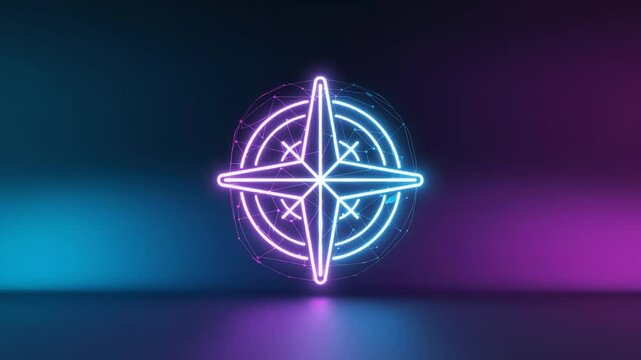 Neon glowing compass symbol on dark background.