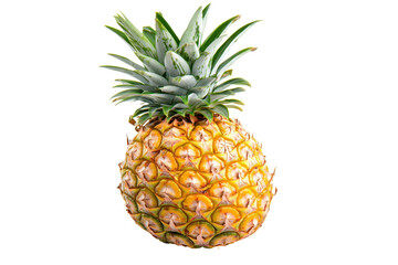 Fototapeta premium Single, vibrant yellow pineapple is featured against a contrasting black and multicolored background. Its spiky exterior and green leaves are clearly visible.