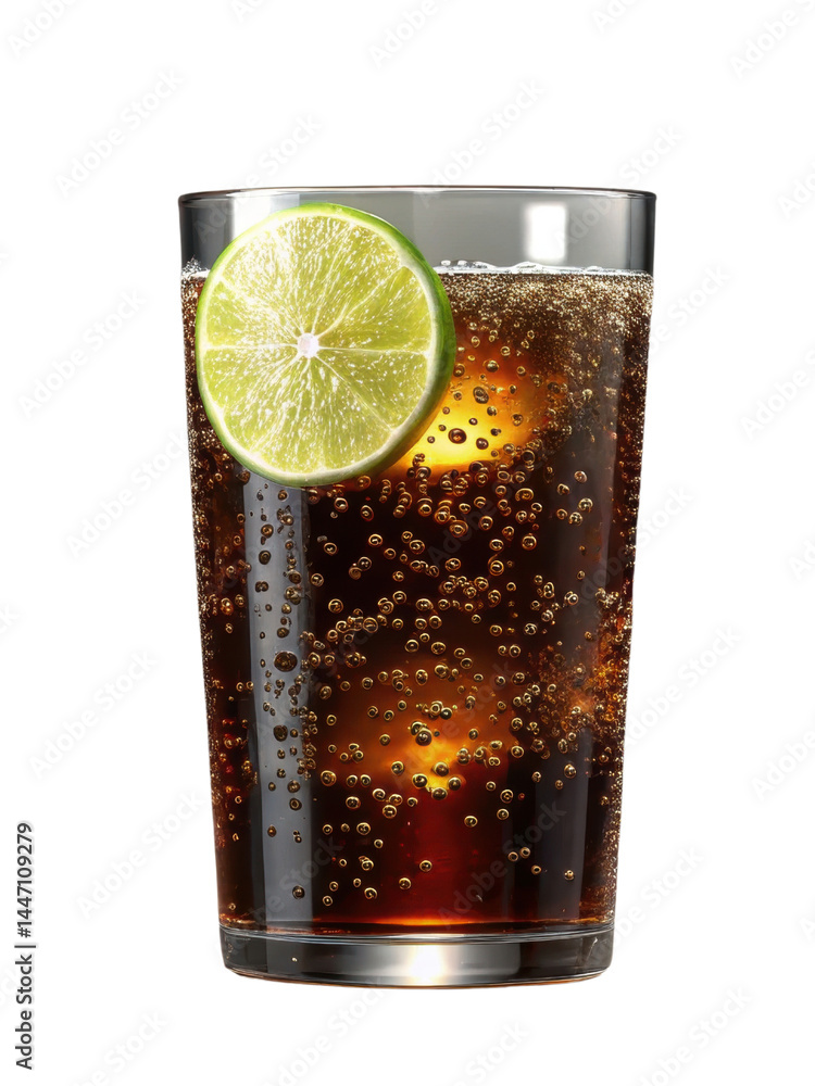 Poster refreshing glass of with ice cubes and fresh lime slice, filled with sparkling bubbles that create l