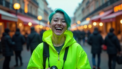 Fototapeta premium Laughing Woman With Teal Hair In Paris