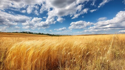 Golden Wheat Fields Swaying Under a Wide Open Blue Sky