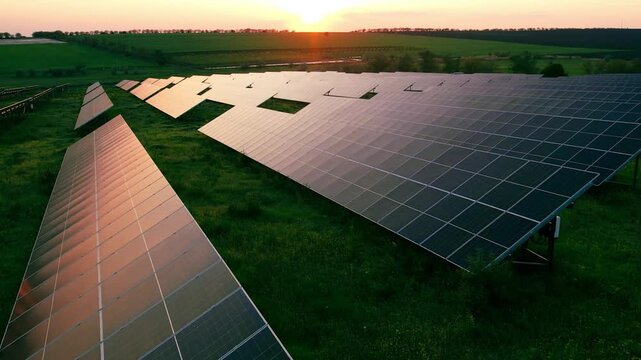 Aerial view of a solar farm generating clean energy.Solar panels park generating green energy electric at sunset..Green energy reduce carbon emissions and makes earth cleaner and more ecological	
