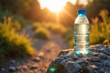 A plastic water bottle sits on a rock in nature, illuminated by sunlight during a beautiful outdoor sunset.