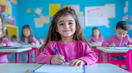 Smiling girl in classroom writing on notebook with classmates nearby
