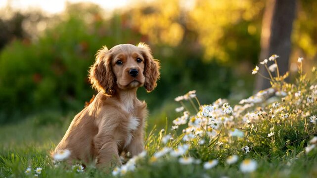 A charming golden cocker spaniel puppy explores a vibrant outdoor scene filled with blooming flowers and green grass, exemplifying innocence, joy, and the pure essence of childhood.