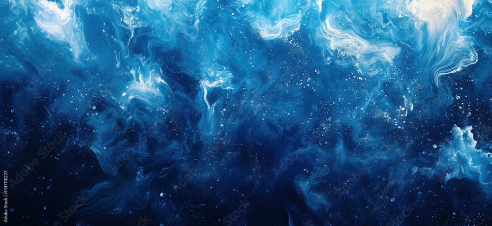 Poster abstract blue ocean waves texture with swirling patterns and bubbles.