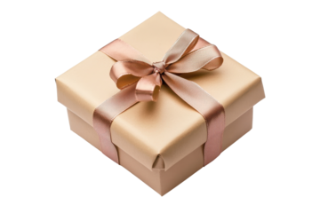 Square, light brown gift box, beautifully wrapped with a rose gold ribbon and bow.  It's a simple yet stylish gift package.