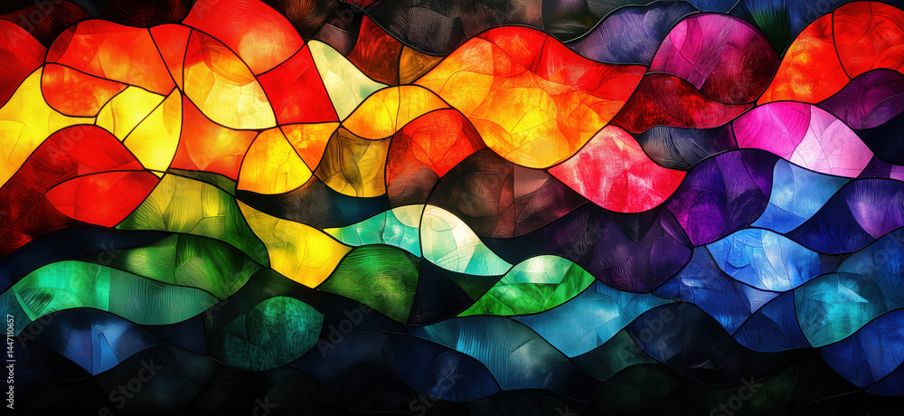 Poster vibrant abstract waves in rainbow colors creating a dynamic visual experience.