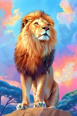 Majestic Lion Perched on Rocky Outcrop Against Vibrant Sunset Sky with Colorful Clouds Symbolizing Strength and Wilderness in African Safari Landscape