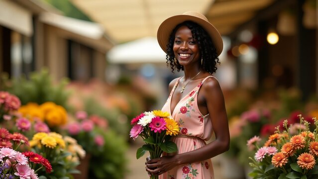 Smiling Woman Holds Bouquet At Market