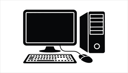 Black Computer Desktop Setup with Monitor, Keyboard, and Mouse Icon Vector