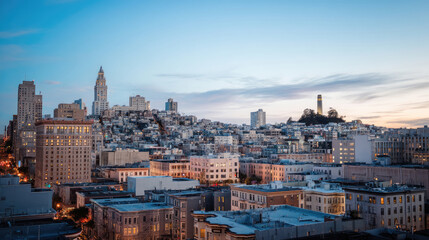 Fototapeta premium City skyline at dawn, buildings clustered on a hill, pale sky