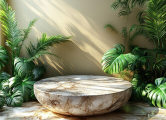 Obraz premium High-Resolution Photograph of Marble Podium with Tropical Leaves for Mock-up
