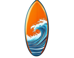 Surfboard with orange background and stylized blue wave design isolated on transparent white