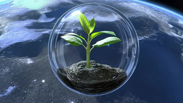 Tiny sprout in a protective bubble above Earth