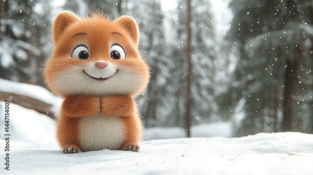 Poster adorable animated squirrel standing in a snowy winter wonderland forest with gentle snowfall creatin