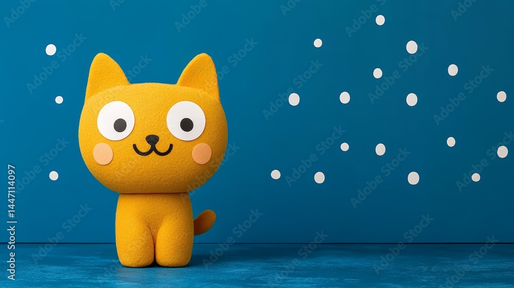 Poster charming handcrafted yellow cat against deep blue background adorned with playful white dots creatin