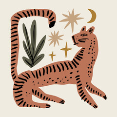 Boho groovy tiger wild cat illustration in abstract cartoon childish scandinavian style asian oriental style, cute animal hand drawn flat vector clipart adorable funny exotic animals jungle poster and