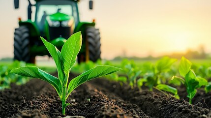Green Seedlings and Tractor at Sunset in a Cultivated Field