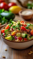 Vibrant quinoa salad with avocado and fresh vegetables perfect for a sunny picnic in the park.