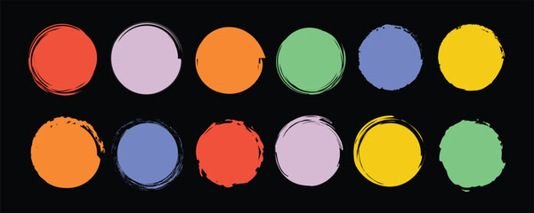 Colorful kids  circles set. Grungy vector circular . Bright childish abstract ink brush art shapes. Hand drawn grungy textures set. Dirty distressed shapes