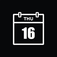 calender icon, 16 thursday icon with black background	