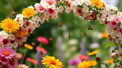 Butterflies and bees flit from bloom to bloom, pollinating the flowers and bringing the archway to life with their gentle buzzing and fluttering wings.