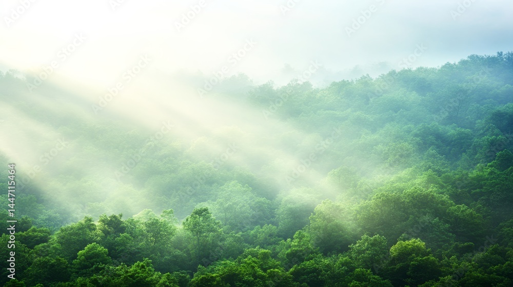 Poster Dense treetops extend to the horizon in a lush forest, illuminated by soft sunlight filtering through the leaves, creating a serene atmosphere