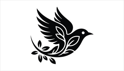 Black Bird Silhouette with Leaf Pattern | Flying Nature Dove Vector | Elegant Animal Logo Design Illustration