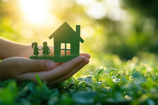 Imaginative representation of a family home and children holding hands in a natural setting during sunset