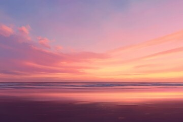 Fototapeta premium Colorful sunset unfolds over the tranquil beach as the sun descends toward the horizon, casting gentle light on the waves and offering ample space for creative designs