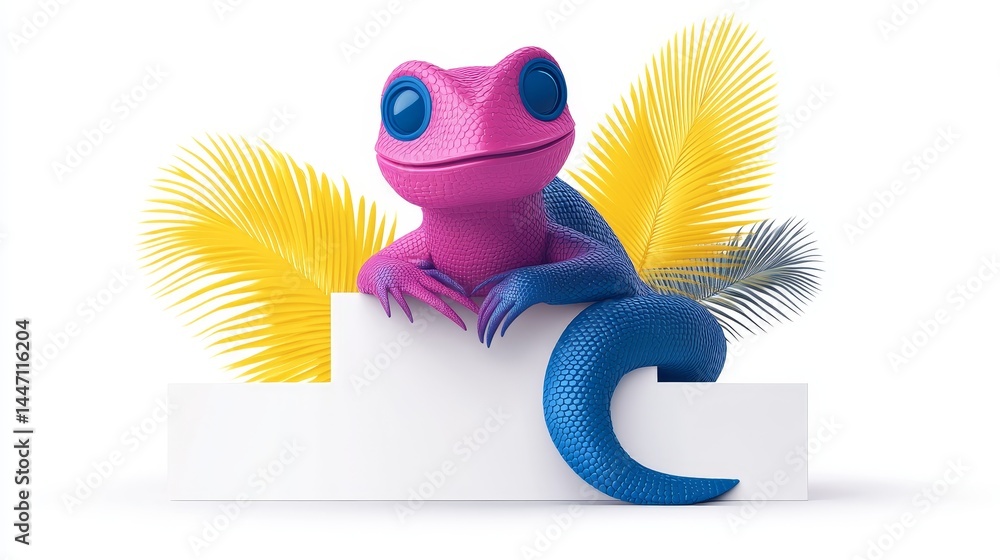 Poster a whimsical rendering of a colorful gecko perched atop a blank display offers vibrant fantasy and in