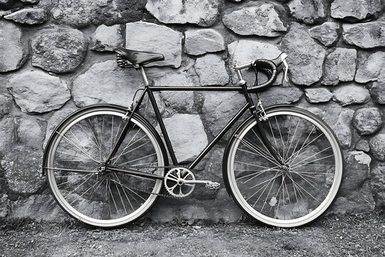 A vintage bicycle leaning against a stone wall in a black and white photographic composition