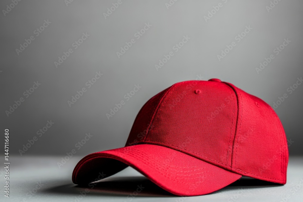 Poster isolated red baseball cap positioned on a clean gray background showcases its simple design, ideal f