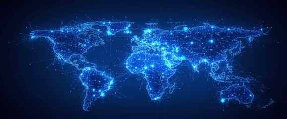 Global Network: A Luminous World Map in Blue