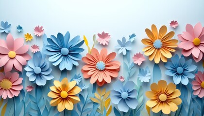 Colorful paper flowers create a vibrant floral display on a light background in an artistic arrangement