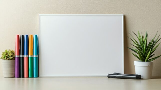 Modern workspace mockup featuring a blank white frame with colorful markers and a small potted plant offering design space